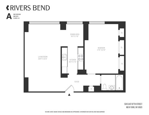 Floor plan for 1 bed, 1 bath, 822 sqft